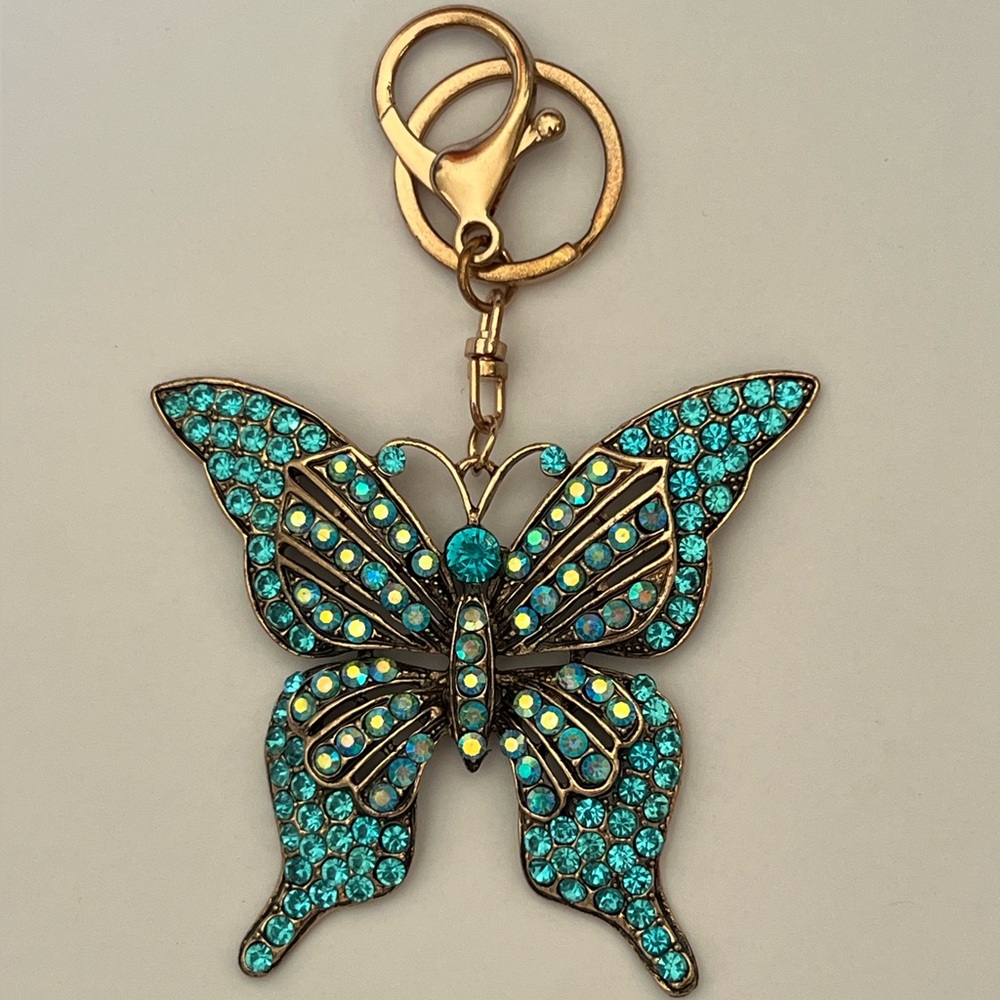 Blue Butterfly Keychain/ Bag Charm Rustic Gold Tone